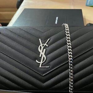 Yves Saint Laurent Black Chevron Clutch with Silver Chain